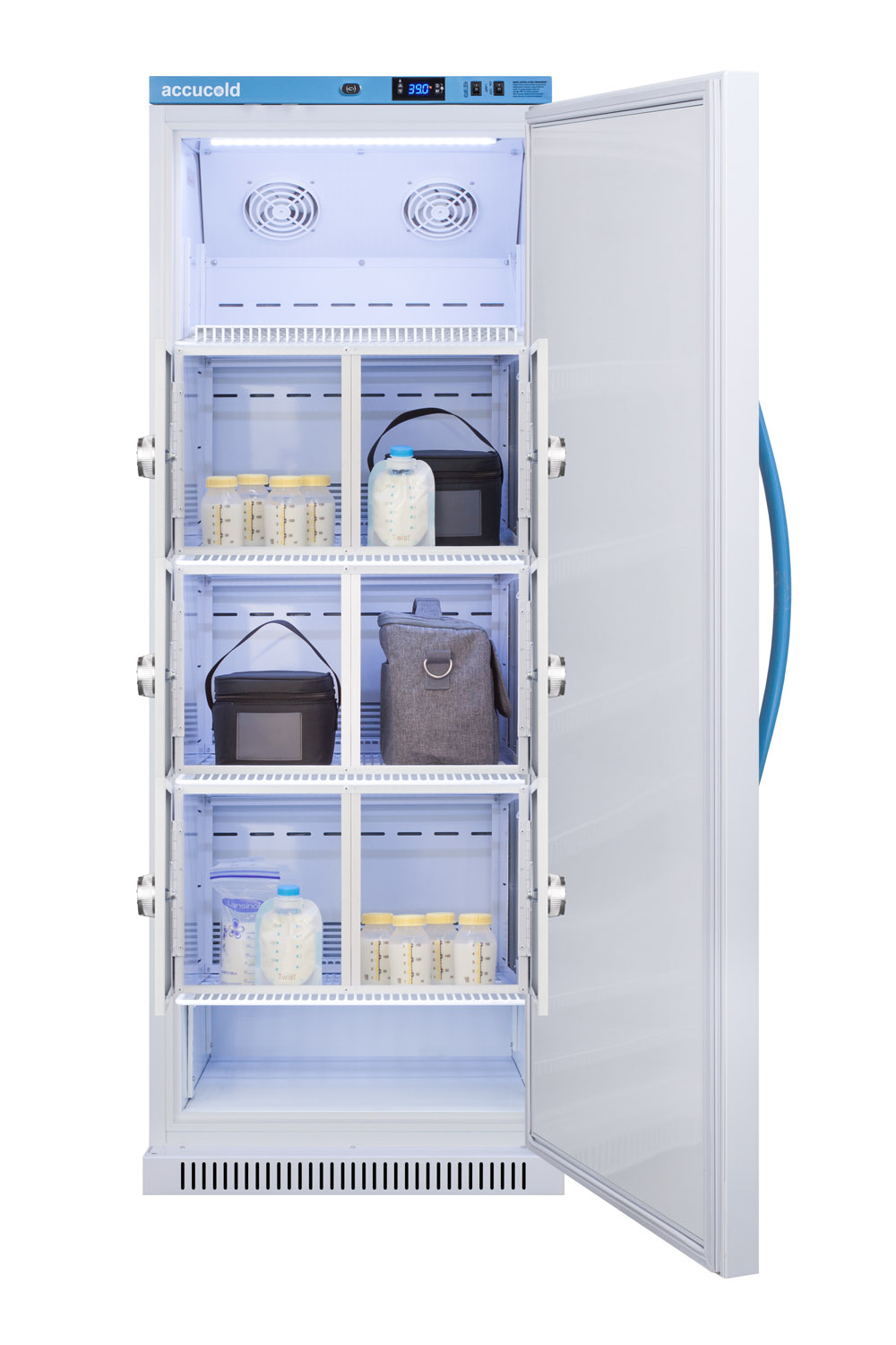 Purpose-built all-refrigerator for breast milk storage with 6 interior locking compartments, antimicrobial silver-ion handle, and hospital grade cord with 'green dot' plug